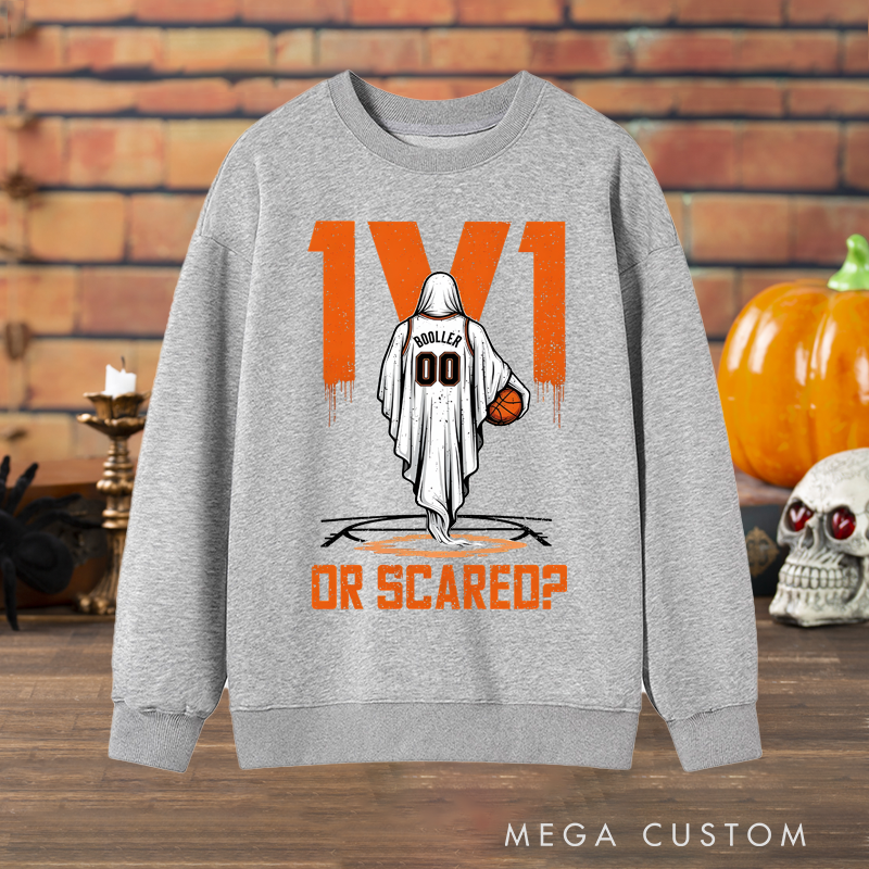 Personalized "1v1 or Scared?" Halloween Basketball Sweatshirt with Custom Name and Number