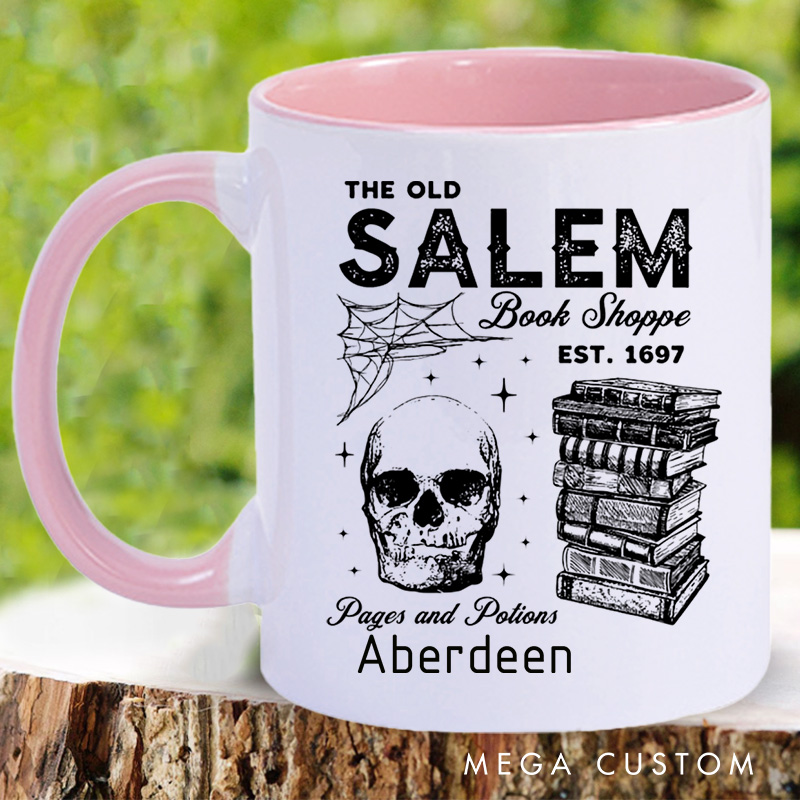 Personalized Salem Book Store Mugs Custom Skeleton and Book Coffee Mug with Name Halloween Spooky Mug Book Lover Gift for Halloween Gift