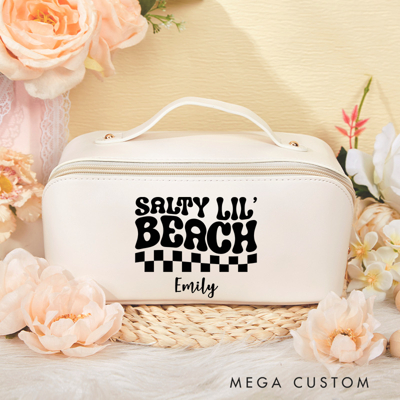 Personalized Salty Lil Beach Cosmetic Bag for Traveling Lovers Custom Travel Makeup Bag Leather Toiletry Bag for Her