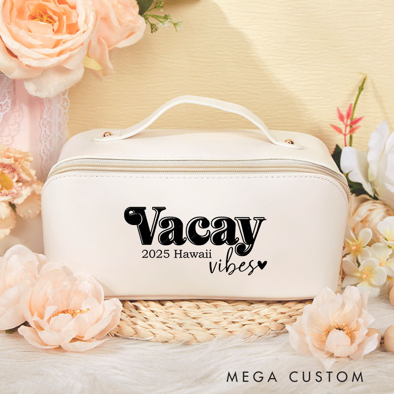 Personalized Vacay Vibes Cosmetic Bag for Traveling Lovers Custom Travel Makeup Bag Leather Toiletry Bag for Her