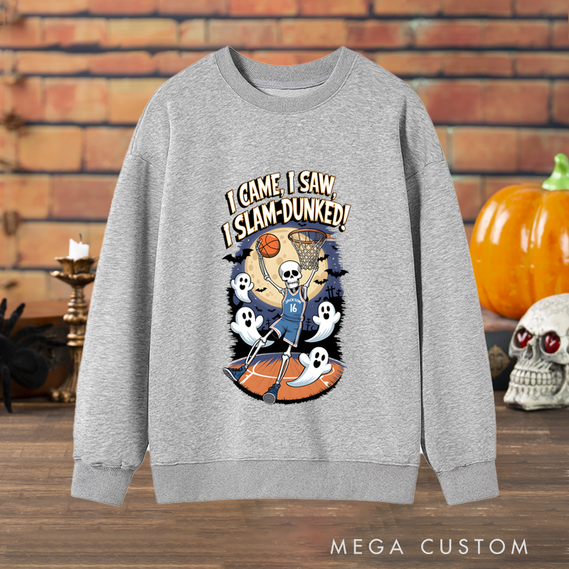 Personalized Halloween Sweatshirt with Skeleton Basketball Design, Custom Name, and Number
