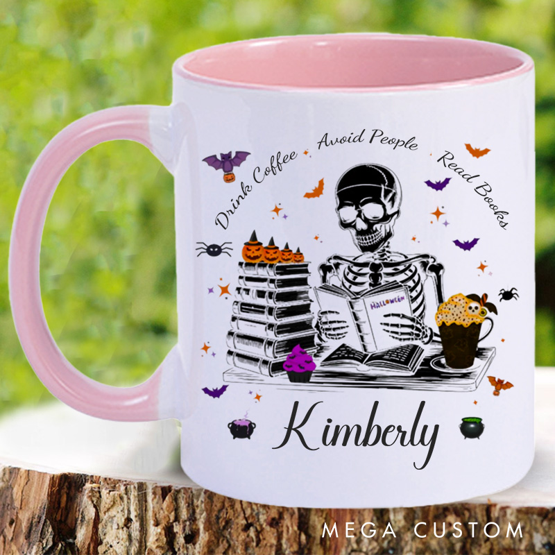 Personalized Drink Coffee Avoid People Read Books Mugs Custom Reading Skeleton Coffee Mug with Name Book Lover Gift for Halloween Gift