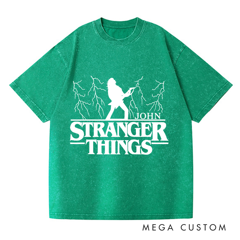Personalized Washed T-Shirts Bold Guitarist and Lightning Unique and Dynamic T-Shirt