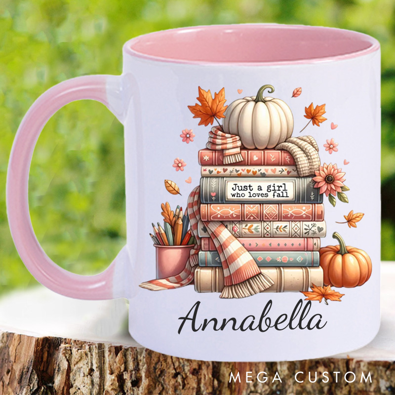Personalized Just a Girl Who Loves Fall Mugs Custom Autumn Pumpkin Coffee Mug with Name Fall Book Lover Mug Book Lover Gift for Librarian Gift