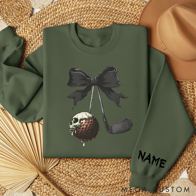 Personalized Halloween Golf Sweatshirt with Skull Ball and Bow Design  