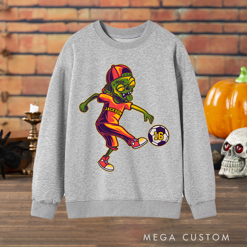 Personalized Halloween Sweatshirt with Zombie Soccer Player Design, Custom Name, and Number