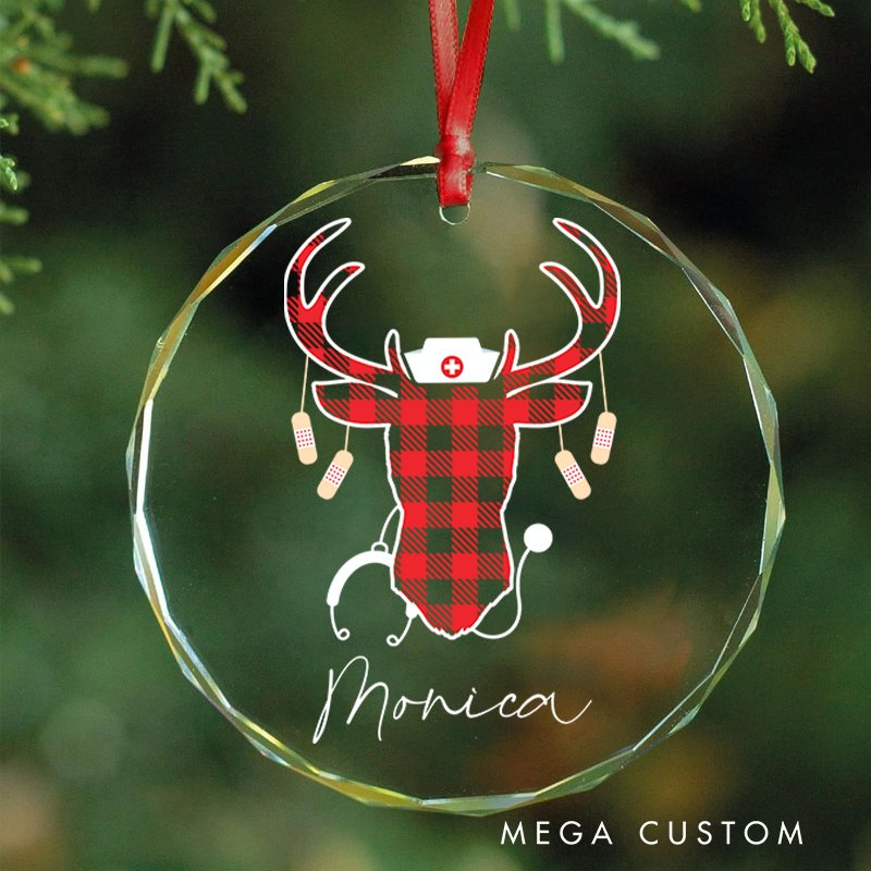 Personalized Nurse Christmas Glass Ornament Custom Buffalo Plaid Nurse Reindeer Design Christmas Gift for Nurses