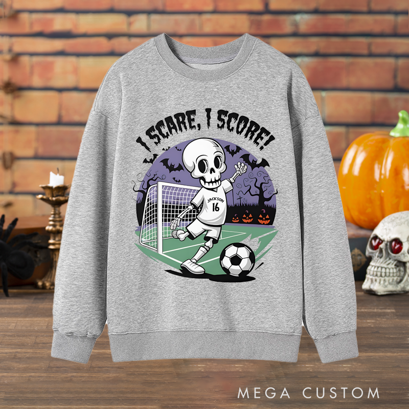 Personalized Halloween Soccer Sweatshirt with Skeleton Player Design, Custom Name, and Number