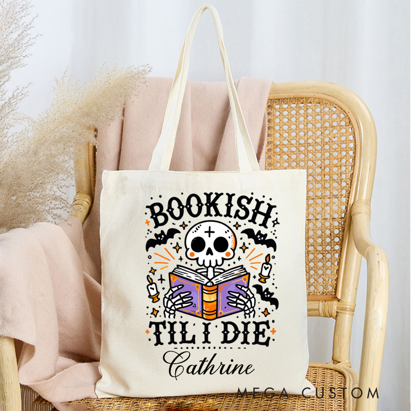 Personalized Bookish Till I Die Tote Bag Custom Reading Ghost Bag with Name Halloween Bat Totes Book Lover Halloween Gift Librarian Gift