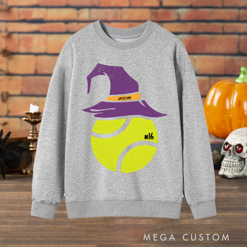 Personalized Halloween Tennis Sweatshirt with Witch Hat Design, Custom Name, and Number