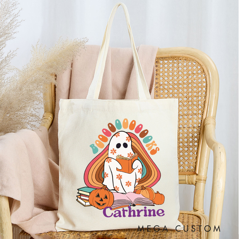 Personalized Booooks Tote Bag Custom Reading Ghost Bag with Name Reading Shopping Bag Book Lover Halloween Gift Librarian Gift
