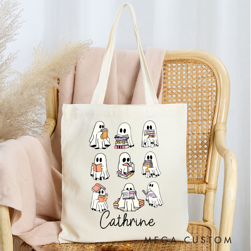 Personalized Ghost Reading Tote Bag Custom Halloween Ghost Bag with Name Halloween Bookish Bag Book Lover Halloween Gift Librarian Gift