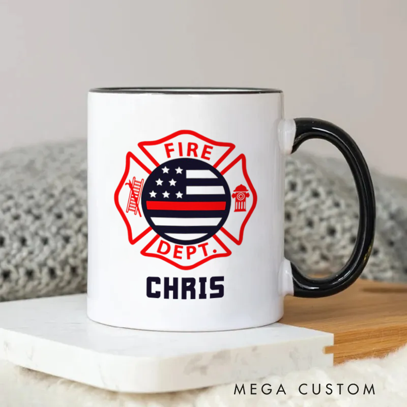 Personalized Firefighter Mug Maltese Cross Design with American Flag and Firefighter Symbols Coffee Mug Gift for Firefighters