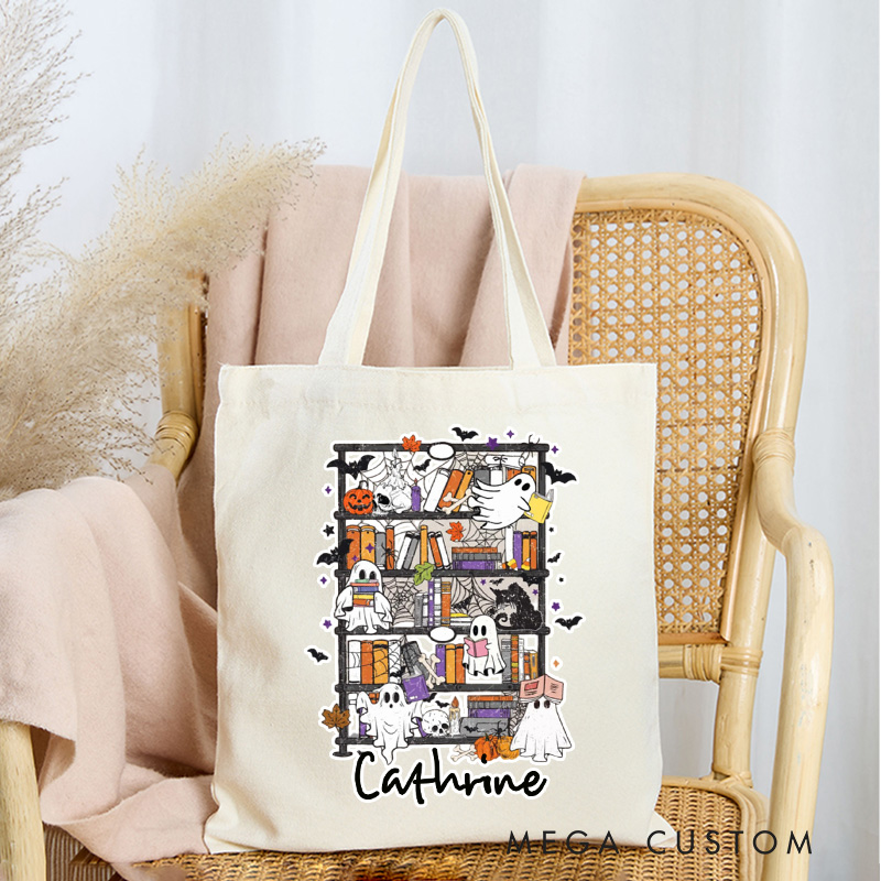 Personalized Cute Ghost Reading Tote Bag Custom Book Lover Bag with Name Halloween Librarian Bag Book Lover Gift Halloween Gift Bookish Gift