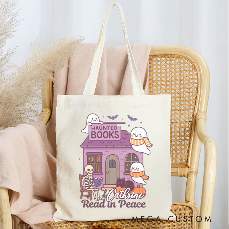 Personalized Read in Peace Tote Bag Custom Halloween Bookstore Bag with Name Trick or Treat Tote Bag Book Lover Gift Bookish Halloween Gift