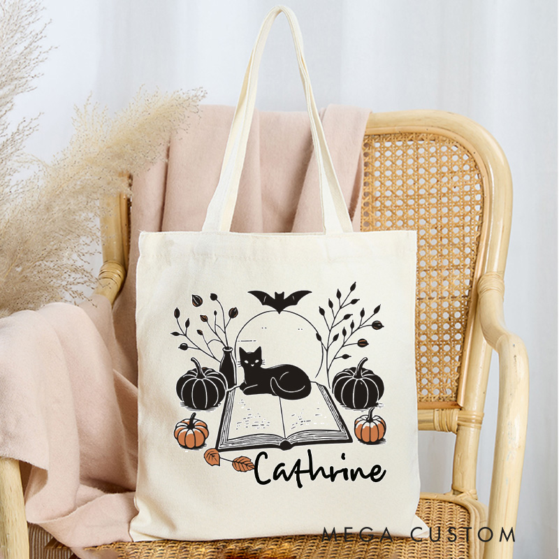 Personalized Halloween Book and Cat Tote Bag Custom Black Cats Bag with Name Bookish Bat Pumpkin Bag Book Lover Gift Librarian Gift Halloween Gift