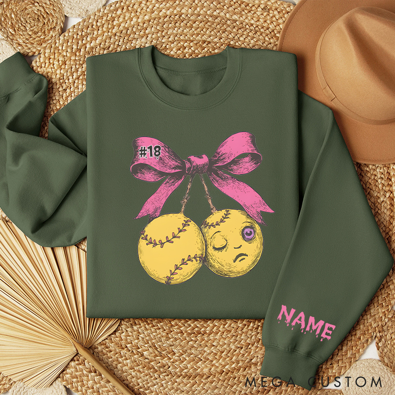 Personalized Halloween Softball Sweatshirt  with Custom Name and Pink Bow Design