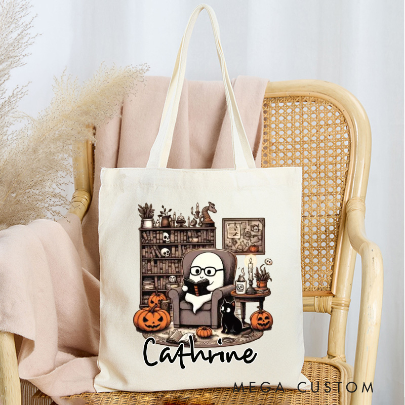 Personalized Retro Ghost Reading Books Tote Bag Custom Canvas Librarian Bag with Name Bookish Pumpkin Bag Book Lover Gift Reader Gift Halloween Gift