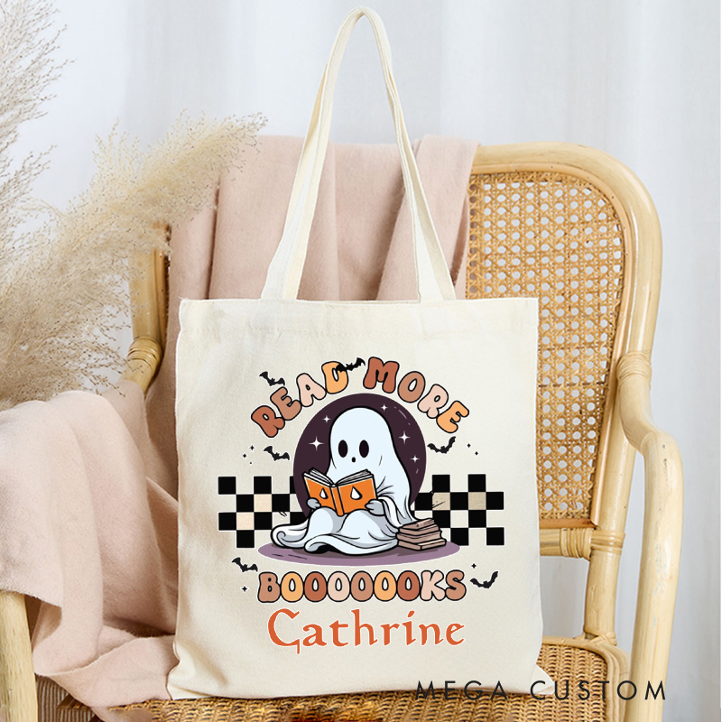 Personalized Read More Books Tote Bag Custom Ghost Book Lover Bag with Name Spooky Librarian Bag Book Lover Gift Reader Gift Halloween Gift