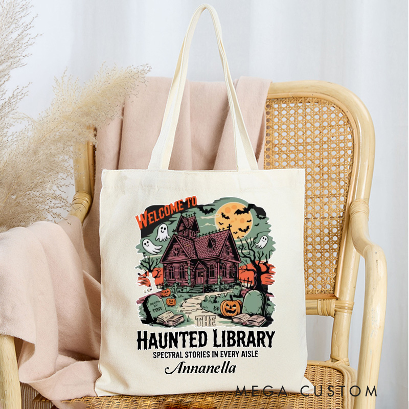 Personalized Cute Ghost Heart Tote Bag Custom Ghost and Bat Bag with Name Retro Canvas Bag Book Lover Gift Reader Gift Halloween Gift