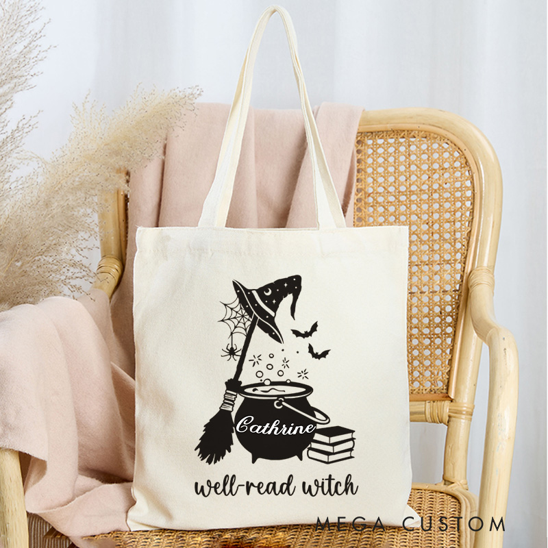 Personalized Well Read Witch Tote Bag Custom Witch Book Bag with Name Scary Book Club Bag Book Lover Gift Reader Gift Halloween Gift