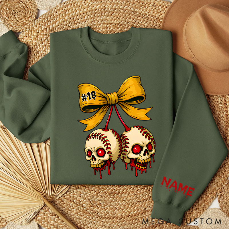 Personalized Halloween Themed Sweatshirt with Skull Baseballs and Custom Number