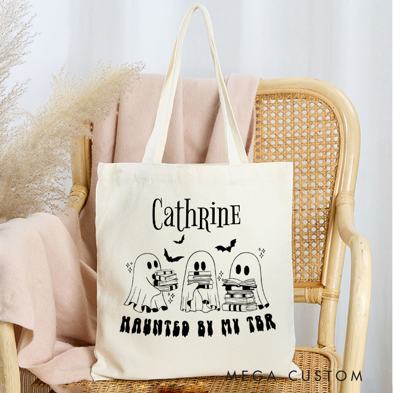 Personalized Haunted by My TBR Tote Bag Custom Spooky Bookish Ghost Bag with Name Fall Reading Bag Book Lover Gift Reader Gift Halloween Gift