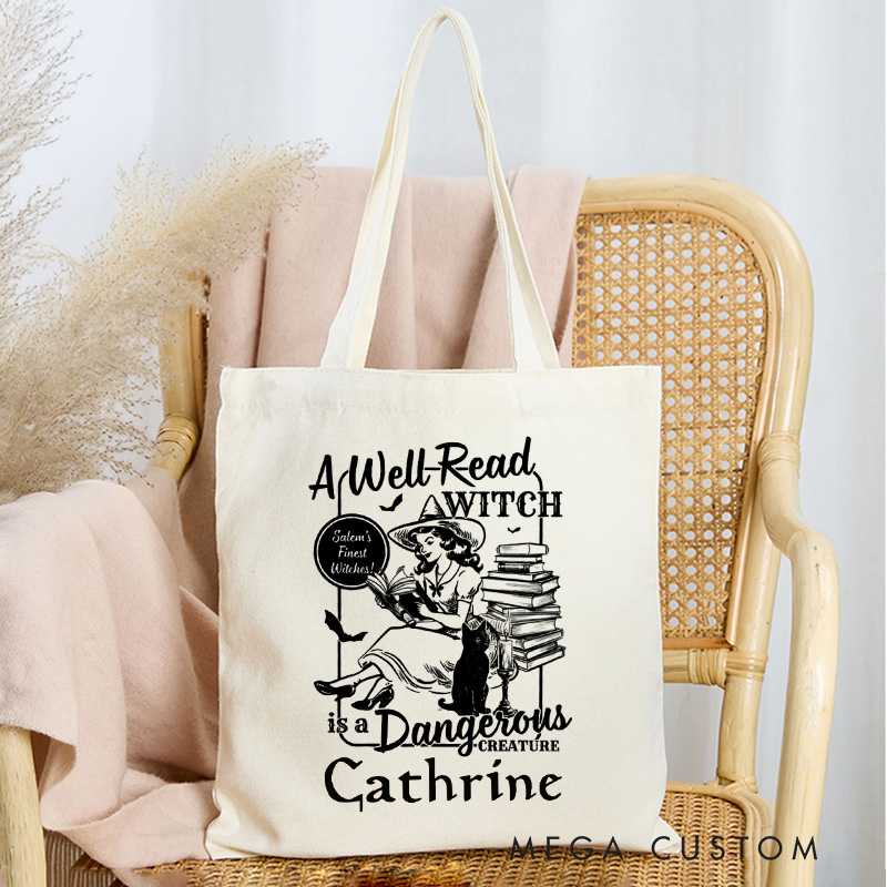 Personalized a Well Read Witch is a Dangerous Creature Tote Bag Custom Retro Book Club Bag with Name Black Cat Tote Bag Book Lover Gift Halloween Gift