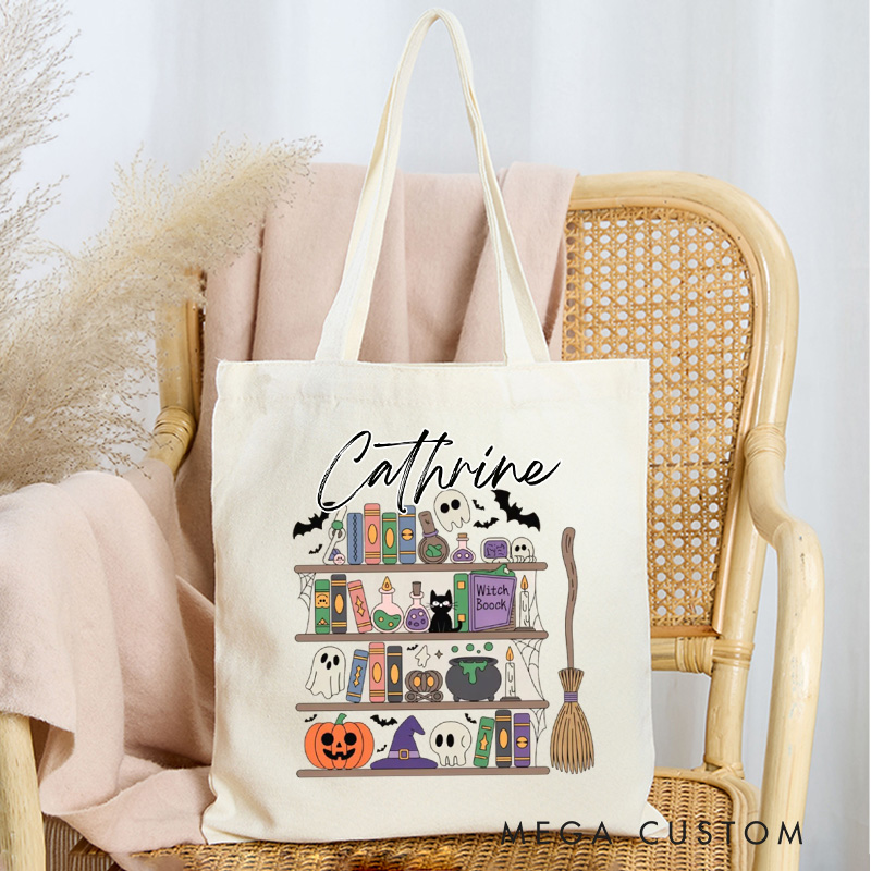 Personalized Ghost Tote Bag Custom Trick or Treat Canvas Bag with Name Black Cat Tote Bag Pumpkin Bag Book Lover Gift Halloween Gift Reader Gift