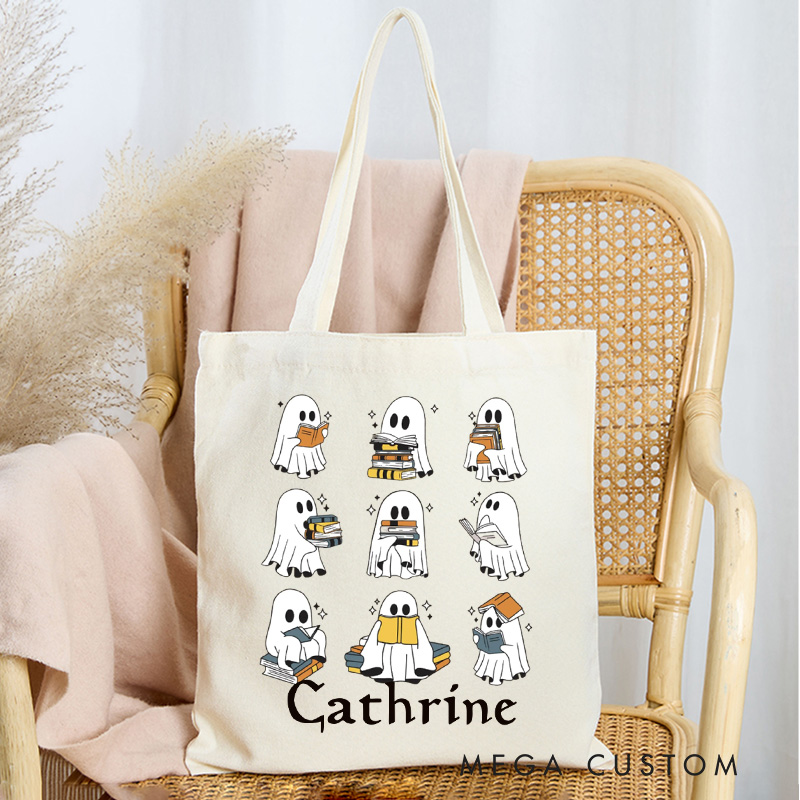 Personalized Ghost Reading Tote Bag Custom Trick or Treat Canvas Bag with Name Halloween Bookish Bag Book Lover Gift Halloween Gift Reader Gift