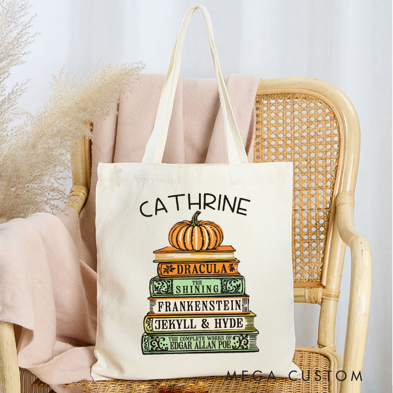Personalized Book and Pumpkin Tote Bag Custom Horror Book Reader Bag with Name Scary Book Bag Book Lover Gift Halloween Gift Reader Gift