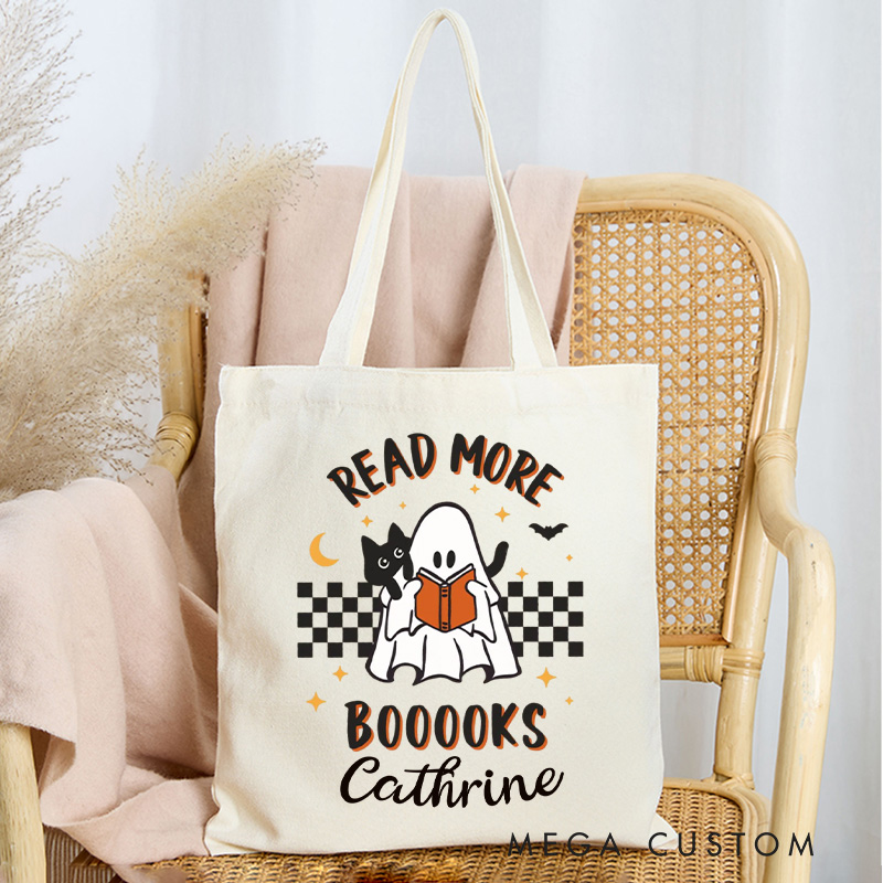 Personalized Read More Books Tote Bag Custom Reading Ghost Bag with Name Ghost and Black Cat Bag Book Lover Gift Halloween Gift Reading Gift