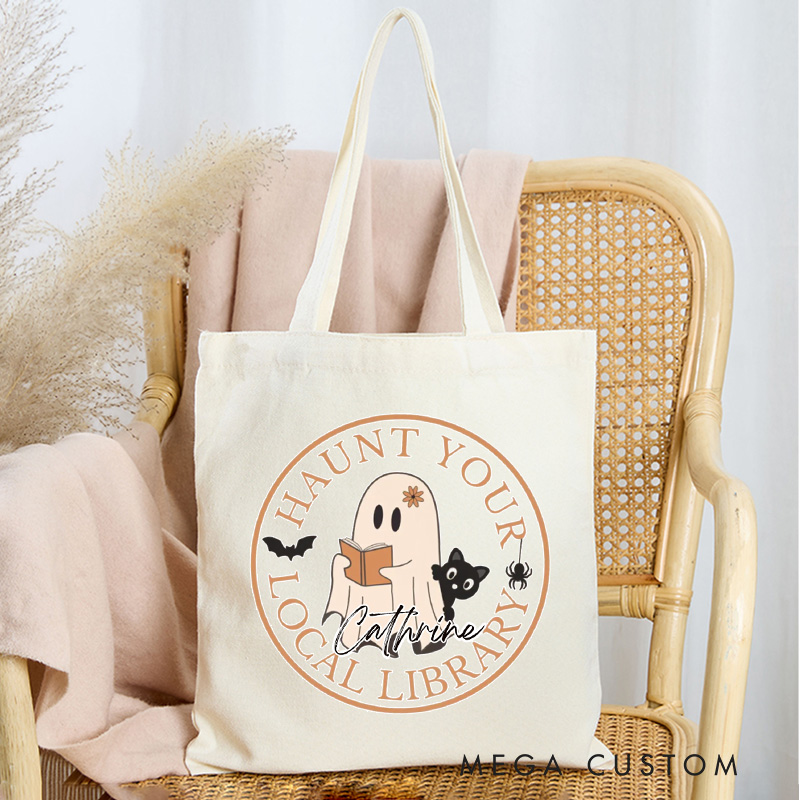 Personalized Haunt Your Local Library Tote Bag Custom Spooky Bookish Bag with Name Ghost and Cat Bag Book Lover Gift Halloween Gift Reading Gift