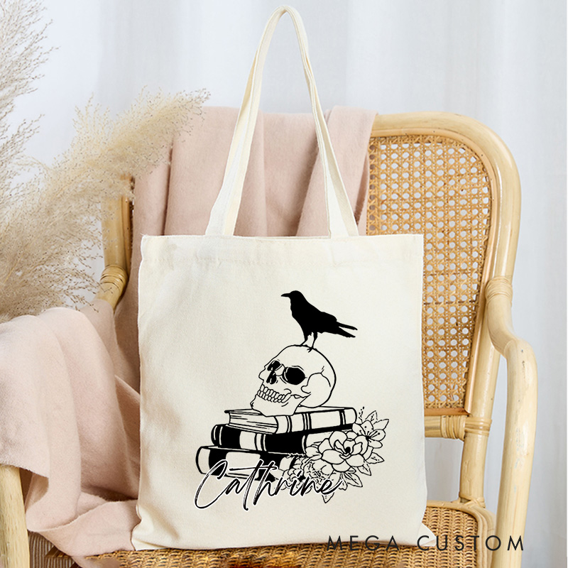 Personalized Floral Skull Book Tote Bag Custom Book Flowers Bag with Name Halloween Book Bag Book Lover Gift Halloween Gift