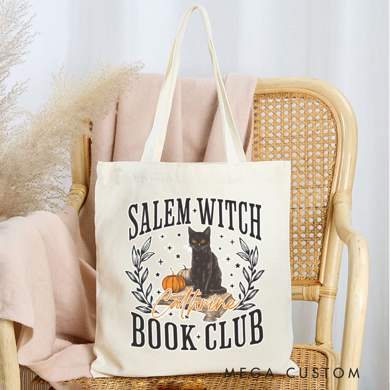 Personalized Witch Book Club Tote Bag Custom Canvas Witchy Book Bag with Name Black Cat Bag Pumpkin Bag Book Lover Gift Halloween Gift
