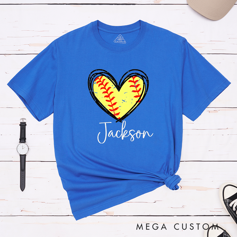 Personalized Softball Heart T-Shirt Design Featuring Custom Name and Vibrant Softball Stitching Graphic