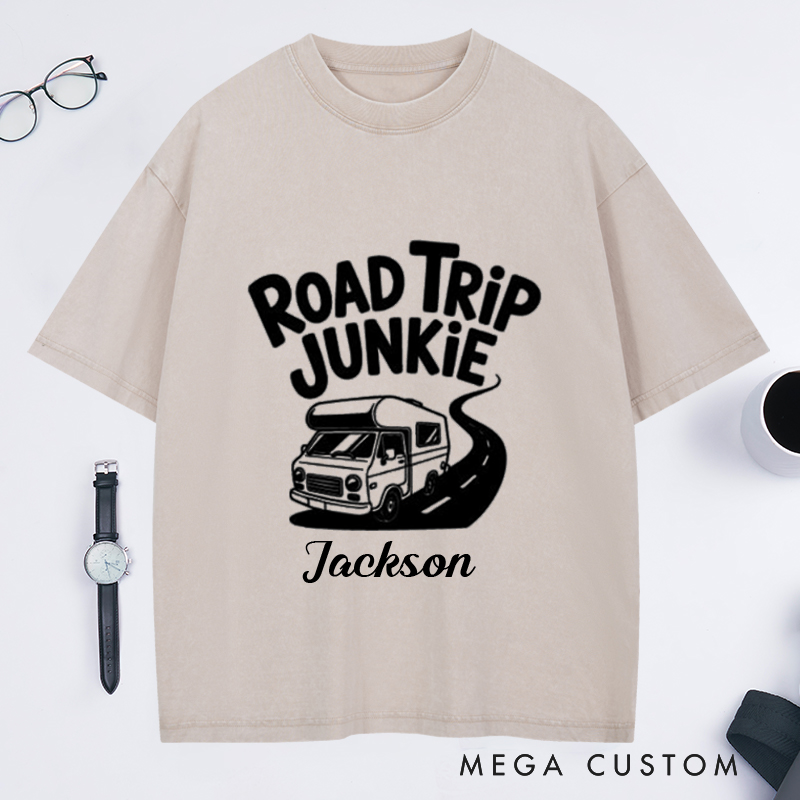 Personalized Road Trip Junkie Washed T-Shirt for Traveling Lovers Traveler Gifts Road Trip Tee