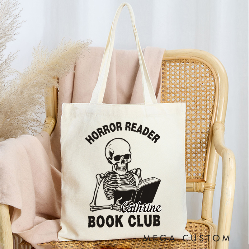 Personalized Horror Reader Book Club Tote Bag Custom Skull Bag with Name Bookish Halloween Bag Book Lover Gift Halloween Gift