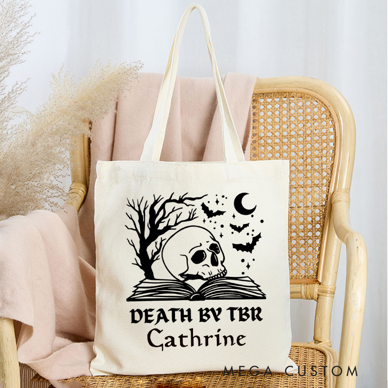 Personalized Death by TBR Tote Bag Custom Horror Reader Bag with Name Skull and Bat Book Bag Book Lover Gift Halloween Gift Bookish Gift