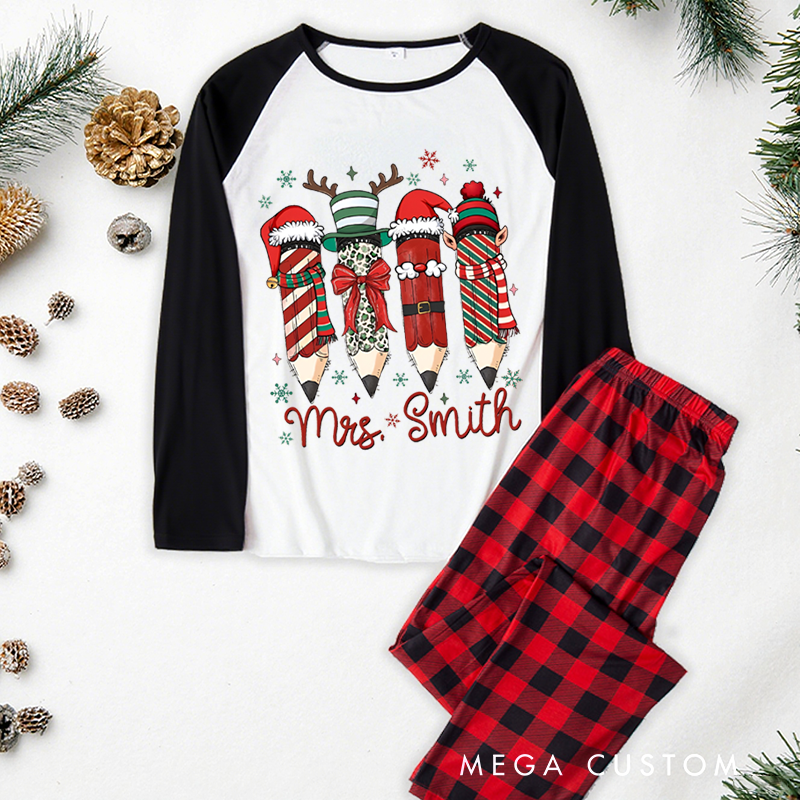 Personalized Teacher Christmas Pajama Sets Custom Cute Pencil Design Pajamas Xmas Gift