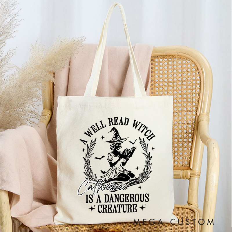 Personalized a Well Read Witch is a Dangerous Creature Tote Bag Custom Witchy Reader Bag with Name Book Lover Gift Halloween Gift Bookish Gift