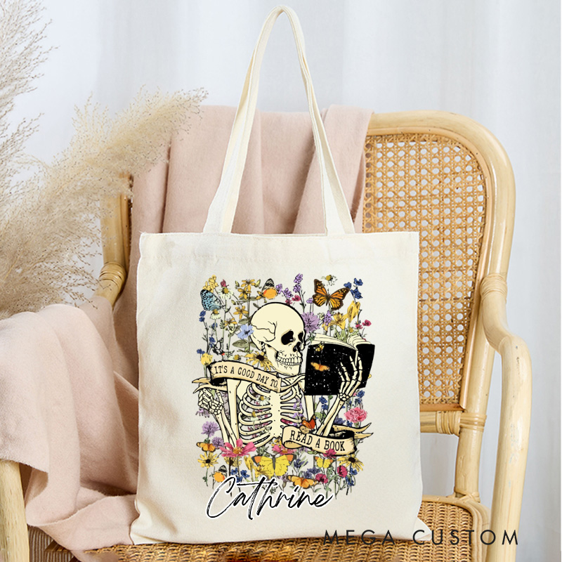 Personalized It's a Good Day to Read a Book Tote Bag Custom Halloween Reading Skeleton Bag with Name Book Lover Gift Halloween Gift Bookish Gift