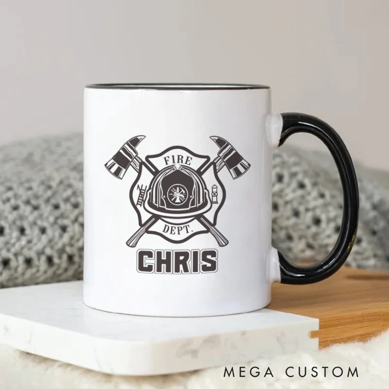 Personalized Firefighter Mug Fire Department Maltese Cross Design with Axes and Helmet Coffee Mug Gift for Firefighters