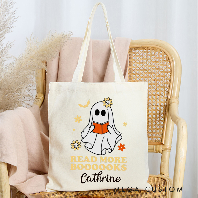 Personalized Read More Books Tote Bag Custom Halloween Reading Ghost Bag with Name Book Lover Gift Halloween Gift Bookish Gift