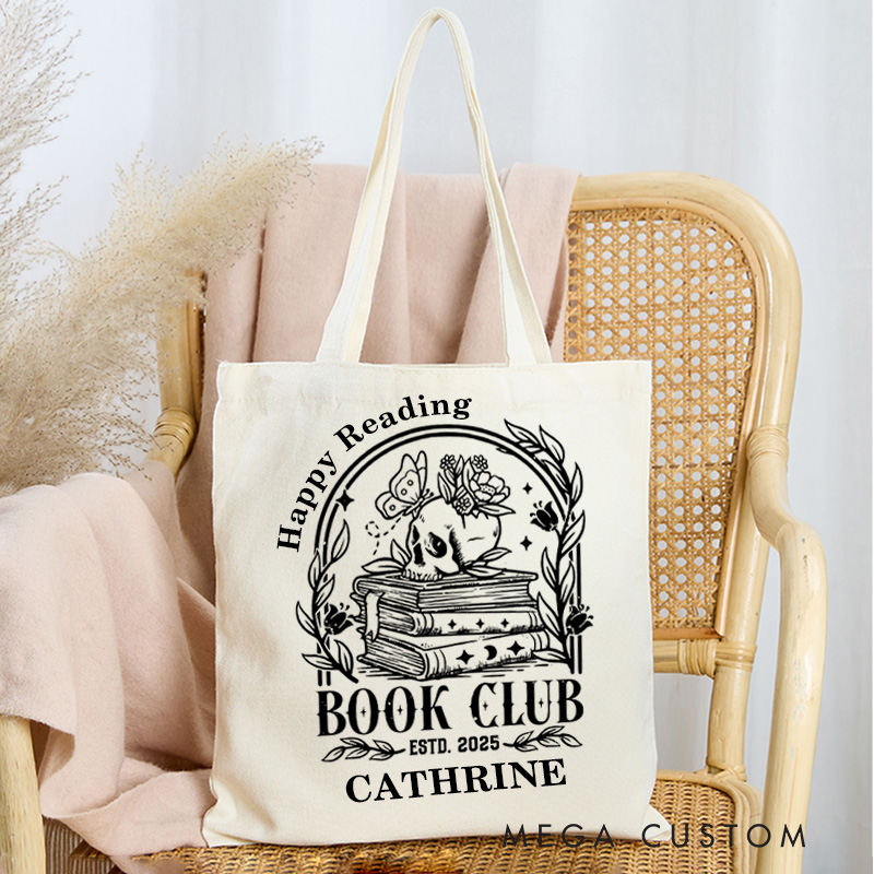 Personalized Reading Book Club Tote Bag Custom Skull Book Bag with Name Spooky Bookish Bag Book Lover Gift Halloween Gift Bookish Gift