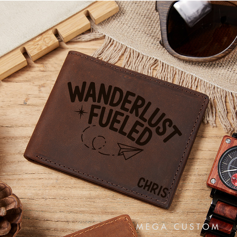 Personalized Wanderlust Fueled Engraved Leather Wallet for Traveling Gift for Travelers Adventure Wallet