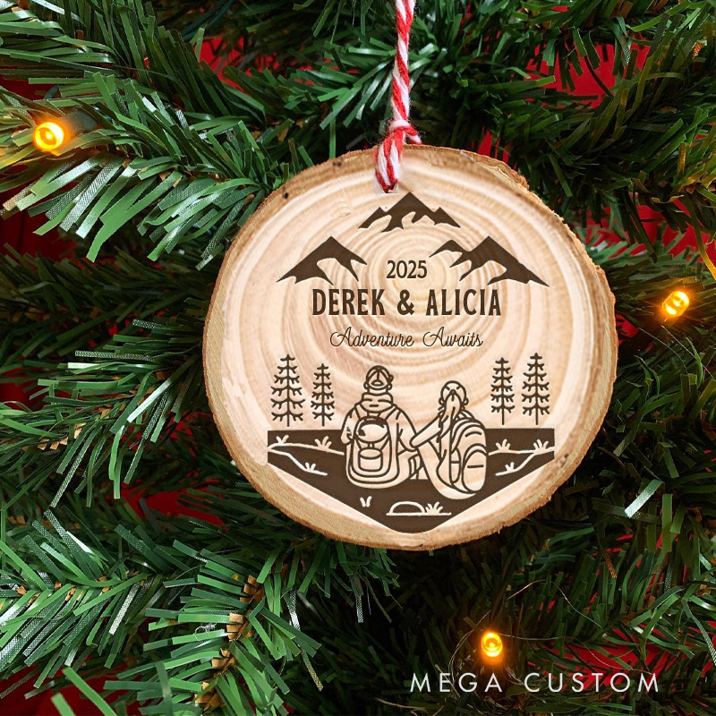 Personalized Hiking Couple Christmas Ornament Adventure Awaits Custom Outdoors Gifts for Camper Hikers