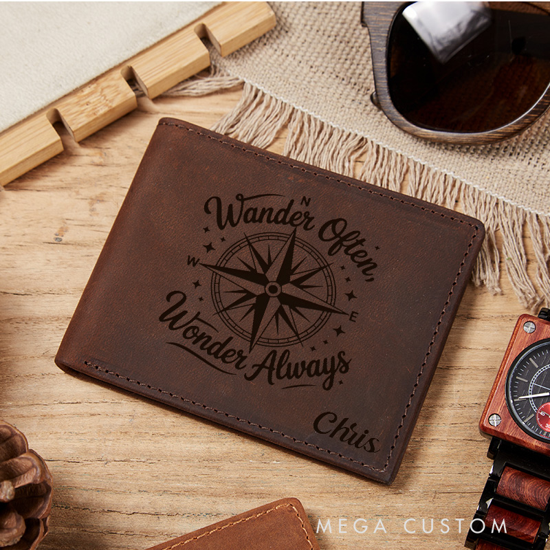 Personalized Wander Often Wonder Always Engraved Leather Wallet for Traveling Gift for Travelers