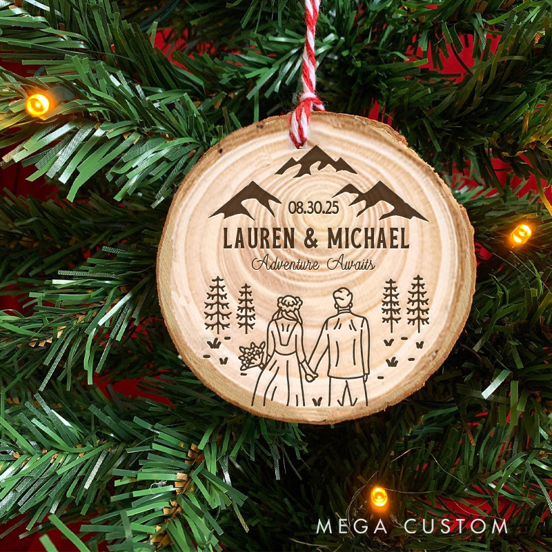 Personalized Outdoor Couple Christmas Ornament Wood Engraved Adventure Awaits Gifts for Camper Hikers