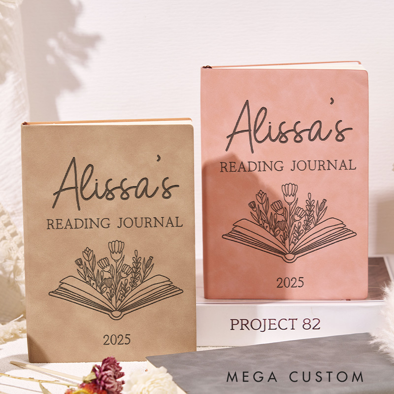 Personalized Reading Journals Engraved Leather A5 Notebook with Name Book Flower Journal for Librarian Gift Book Lover Gift Bookish Gift